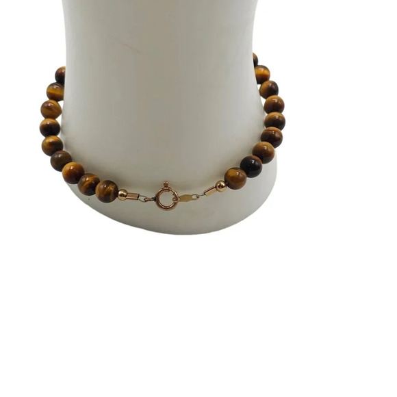 14k Gold Filled Tiger Eye Round Shape Beads Bangle Bracelet Vintage - Picture 3 of 5